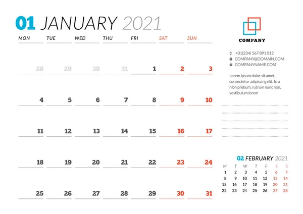 Plantilla Planificación Diseño Corporativo Para Enero 2021 Planificador Mensual Diseño — Vector de stock