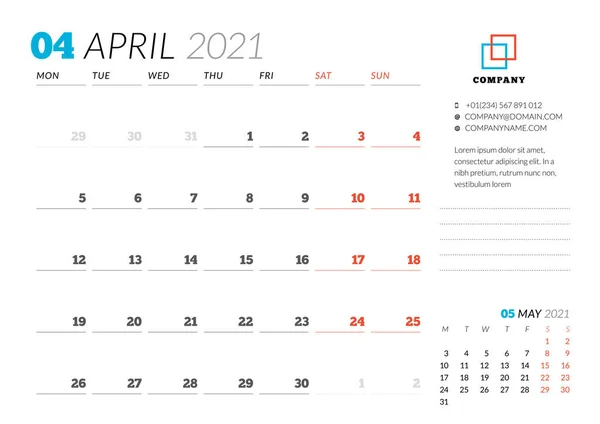 2021年4月的公司设计计划模板 每月计划员文具的设计 周从星期一开始 矢量说明 — 图库矢量图片