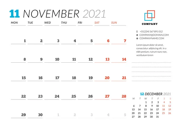 Πρότυπο Σχεδιαστή Εταιρικού Σχεδιασμού Για Νοέμβριο 2021 Μηνιαίος Προγραμματιστής Σχεδιασμός — Διανυσματικό Αρχείο