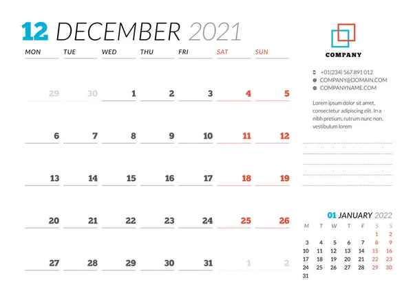 Mall För Företagsdesign För December 2021 Månadsplanerare Pappersvarudesign Veckan Börjar — Stock vektor