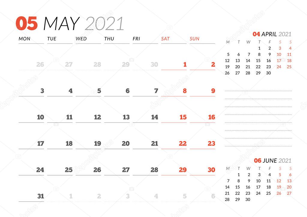Calendar page for May 2021. Monthly planner. Stationery design. Week starts on Monday. Vector illustration