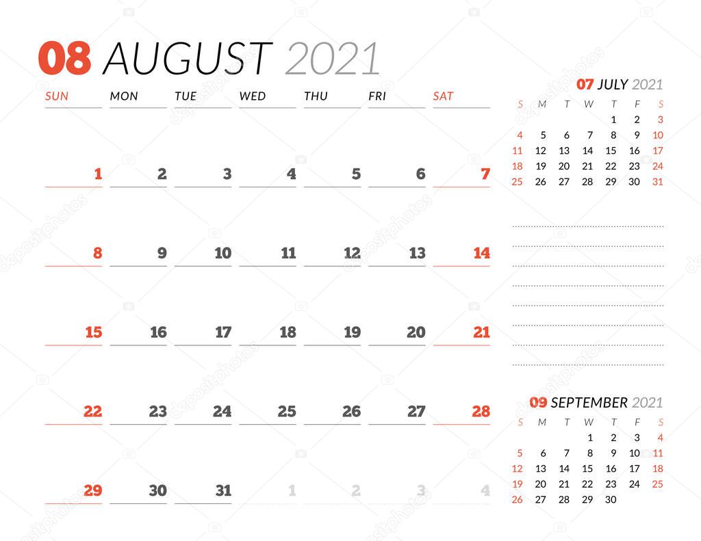 Calendar page for August 2021. Monthly planner. Stationery design. Week starts on Sunday. Vector illustration