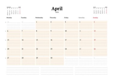 Nisan 2020 için takvim şablonu. Notlar için noktalı çizgileri olan aylık iş planlayıcısı. Kırtasiye tasarımı. Hafta pazartesi başlıyor. Vektör illüstrasyonu