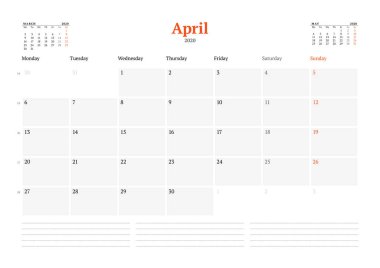 Nisan 2020 için takvim şablonu. Kırtasiye tasarımı. Hafta pazartesi başlıyor. Vektör illüstrasyonu