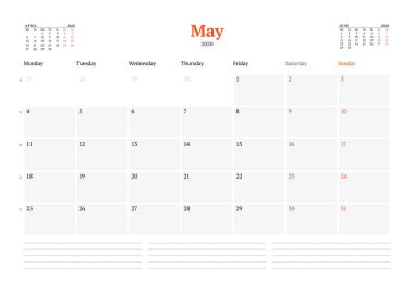 Mayıs 2020 için takvim şablonu. Kırtasiye tasarımı. Hafta pazartesi başlıyor. Vektör illüstrasyonu