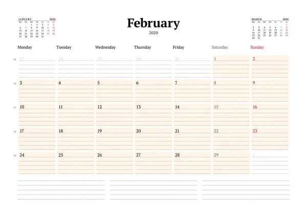 Plantilla Calendario Para Febrero 2020 Planificador Mensual Negocios Con Líneas — Archivo Imágenes Vectoriales