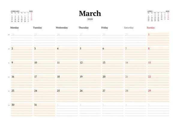 Шаблон Календаря Березень 2020 Року Бізнес Планувальник Пунктирними Рядками Нотаток — стоковий вектор