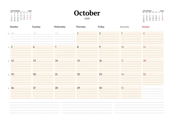 Šablona Kalendáře Pro Říjen 2020 Pracovní Měsíční Plánovač Tečkovanými Řádky — Stockový vektor