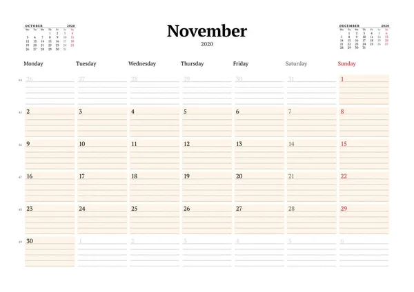 Plantilla Calendario Para Noviembre 2020 Planificador Mensual Negocios Con Líneas — Archivo Imágenes Vectoriales