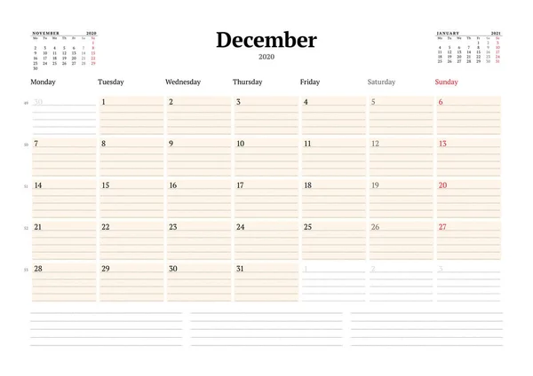 Šablona Kalendáře Pro Prosinec 2020 Pracovní Měsíční Plánovač Tečkovanými Řádky — Stockový vektor