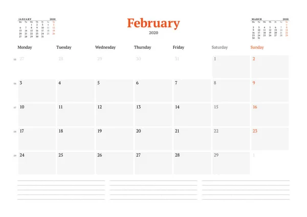 Шаблон Календаря Лютий 2020 Року Дизайн Канцелярського Приладдя Тиждень Починається — стоковий вектор