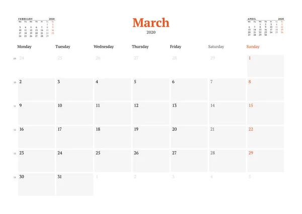 Modèle Calendrier Pour Mars 2020 Planificateur Mensuel Entreprise Conception Papeterie — Image vectorielle