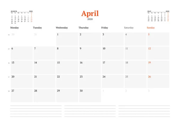 Modèle Calendrier Pour Avril 2020 Planificateur Mensuel Entreprise Conception Papeterie — Image vectorielle