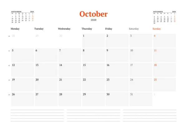 カレンダーテンプレート2020年10月ビジネス毎月のプランナー 文房具のデザイン 週は月曜日に始まります ベクターイラスト — ストックベクタ