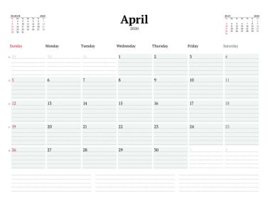 Nisan 2020 için takvim şablonu. Notlar için noktalı çizgileri olan aylık iş planlayıcısı. Kırtasiye tasarımı. Hafta pazar günü başlıyor. Vektör illüstrasyonu