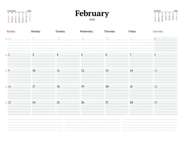 Kalendář Šablony Pro Únor 2020 Obchodní Měsíční Plánovač Tečkovanými Řádky — Stockový vektor