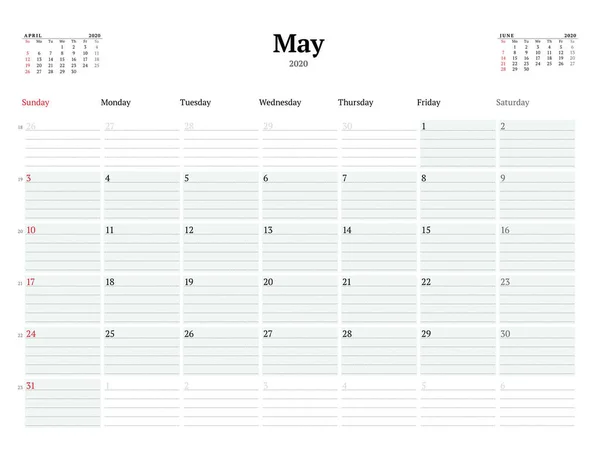 Szablon Kalendarza Maj 2020 Planer Miesięczny Biznesowy Punktowanymi Liniami Notatek — Wektor stockowy