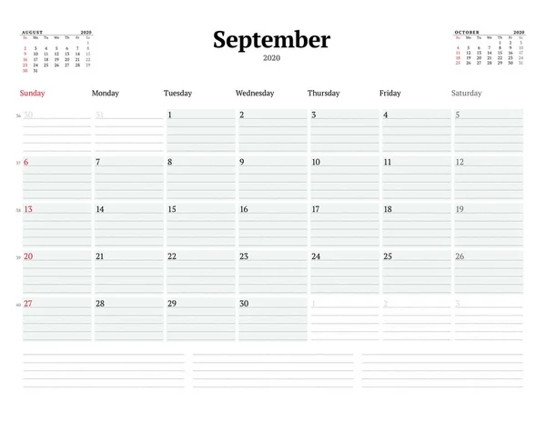 Plantilla Calendario Para Septiembre 2020 Planificador Mensual Negocios Con Líneas — Archivo Imágenes Vectoriales