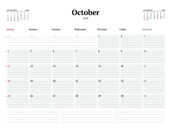 カレンダーテンプレート2020年10月ノートの点線でビジネス毎月のプランナー 文房具のデザイン 週は日曜日に始まります ベクターイラスト — ストックベクタ