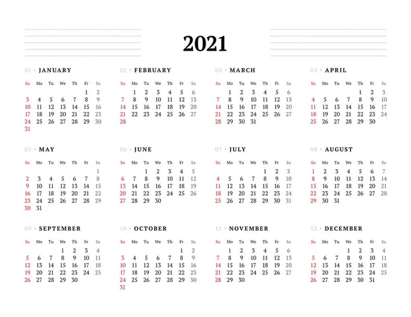 Plantilla Calendario Para 2021 Año Diseño Papelería Semana Comienza Domingo — Vector de stock