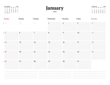 Ocak 2020 için takvim şablonu. Kırtasiye tasarımı. Hafta pazar günü başlıyor. Vektör illüstrasyonu