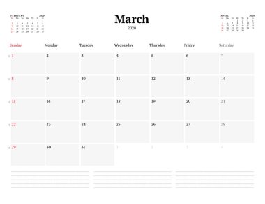 Mart 2020 için takvim şablonu. Kırtasiye tasarımı. Hafta pazar günü başlıyor. Vektör illüstrasyonu