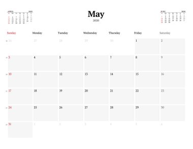 Mayıs 2020 için takvim şablonu. Kırtasiye tasarımı. Hafta pazar günü başlıyor. Vektör illüstrasyonu