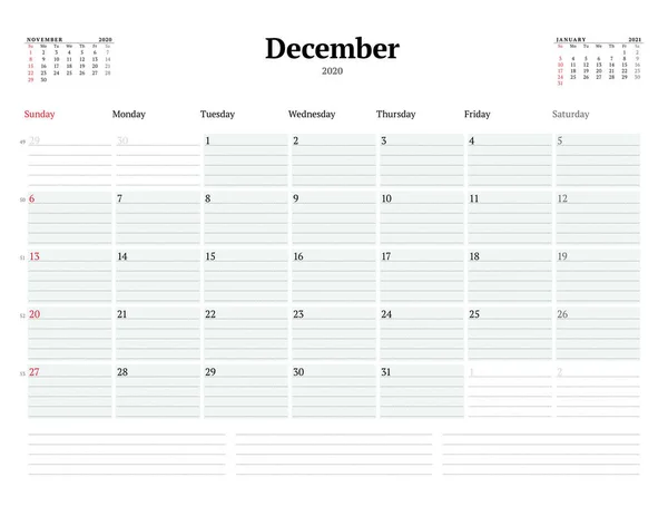 Plantilla Calendario Para Diciembre 2020 Planificador Mensual Negocios Con Líneas — Archivo Imágenes Vectoriales