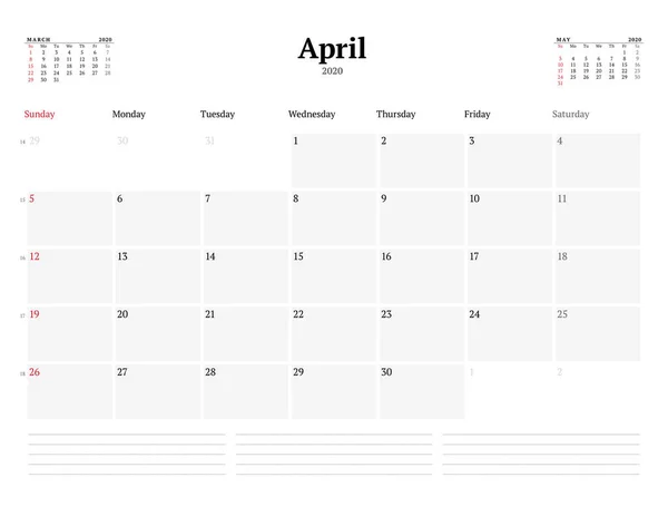 Szablon Kalendarza Kwiecień 2020 Projekt Papeterii Tydzień Zaczyna Się Niedzielę — Wektor stockowy