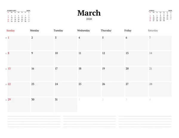 Szablon Kalendarza Marzec 2020 Planer Miesięczny Biznesu Projekt Papeterii Tydzień — Wektor stockowy