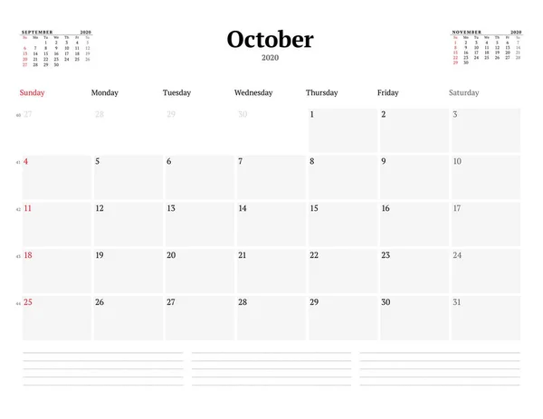 Kalendář Šablony Pro Říjen 2020 Obchodní Měsíční Plánovač Návrh Šablony — Stockový vektor