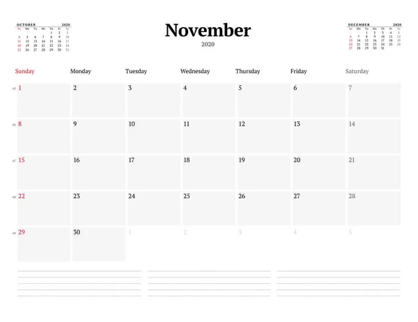 Kalendář Šablony Pro Listopad 2020 Obchodní Měsíční Plánovač Návrh Šablony — Stockový vektor