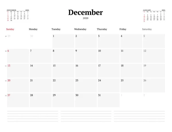 Modelo Calendário Para Dezembro 2020 Planejador Mensal Negócios Design Papelaria —  Vetores de Stock