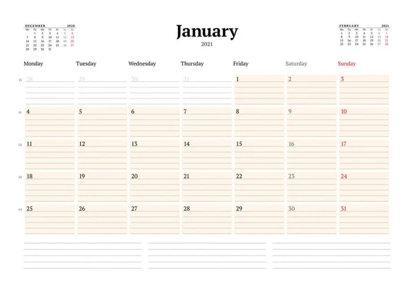 Plantilla Calendario Para Enero 2021 Planificador Mensual Negocios Con Líneas — Vector de stock