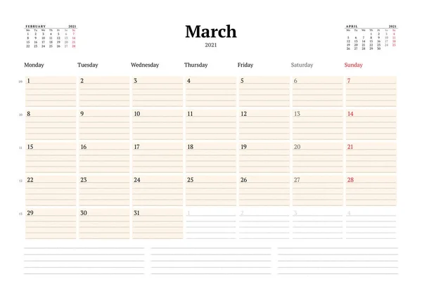 Plantilla Calendario Para Marzo 2021 Planificador Mensual Negocios Con Líneas — Vector de stock