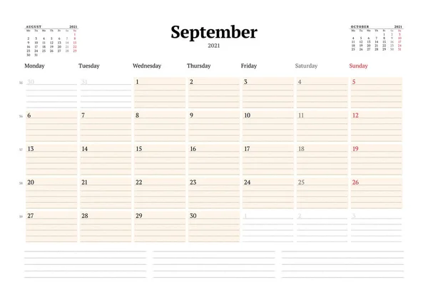 Шаблон Календаря Вересень 2021 Року Бізнес Планувальник Пунктирними Рядками Нотаток — стоковий вектор