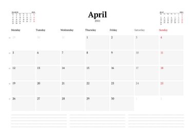 Nisan 2021 için takvim şablonu. Kırtasiye tasarımı. Hafta pazartesi başlıyor. Vektör illüstrasyonu
