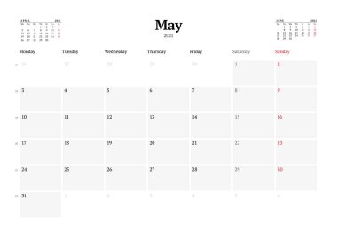 Mayıs 2021 için takvim şablonu. Kırtasiye tasarımı. Hafta pazartesi başlıyor. Vektör illüstrasyonu