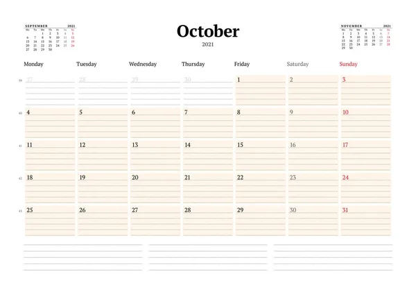 Šablona Kalendáře Pro Říjen 2021 Pracovní Měsíční Plánovač Tečkovanými Řádky — Stockový vektor