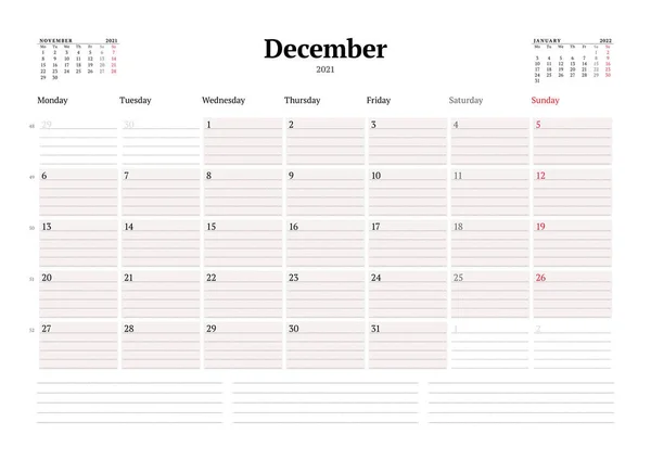 Modelo Calendário Para Dezembro 2021 Planejador Mensal Negócios Com Linhas —  Vetores de Stock