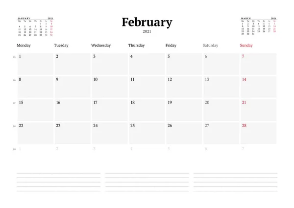 Modèle Calendrier Pour Février 2021 Planificateur Mensuel Des Affaires Conception — Image vectorielle