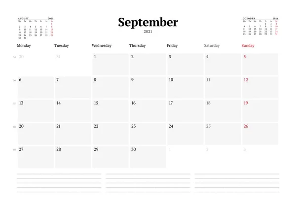 Calendar Template September 2021 Business Monthly Planner Stationery Design Week — Stock Vector