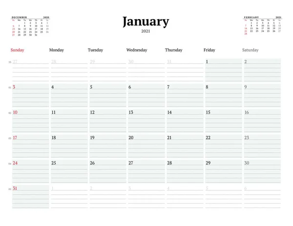 Plantilla Calendario Para Enero 2021 Planificador Mensual Negocios Con Líneas — Archivo Imágenes Vectoriales