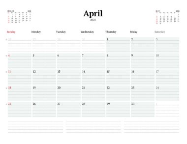 Nisan 2021 için takvim şablonu. Notlar için noktalı çizgileri olan aylık iş planlayıcısı. Kırtasiye tasarımı. Hafta pazar günü başlıyor. Vektör illüstrasyonu