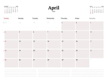 Nisan 2021 için takvim şablonu. Kırtasiye tasarımı. Hafta pazar günü başlıyor. Vektör illüstrasyonu