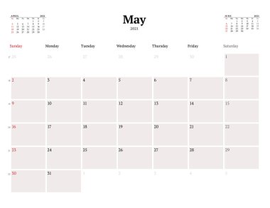 Mayıs 2021 için takvim şablonu. Kırtasiye tasarımı. Hafta pazar günü başlıyor. Vektör illüstrasyonu