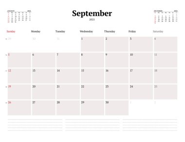 Eylül 2021 için takvim şablonu. Kırtasiye tasarımı. Hafta pazar günü başlıyor. Vektör illüstrasyonu