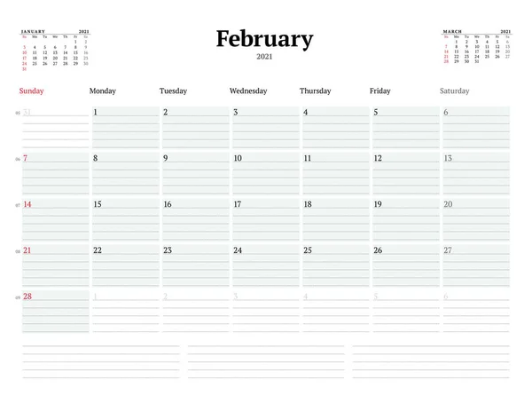 Šablona Kalendáře Pro Únor 2021 Pracovní Měsíční Plánovač Tečkovanými Řádky — Stockový vektor