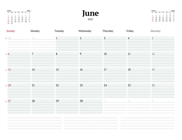 Szablon Kalendarza Czerwiec 2021 Miesięczny Planista Biznesowy Punktowanymi Liniami Notatek — Wektor stockowy