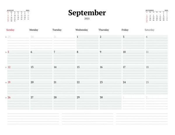 2021年9月のカレンダーテンプレートノートの点線でビジネス毎月のプランナー 文房具のデザイン 週は日曜日に始まります ベクターイラスト — ストックベクタ